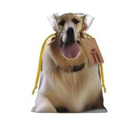 Golden Retriever Sacs de Noël réutilisables avec cordon de serrage imprimés pour fête de Noël, emballage cadeau de Noël, ruban jaune, taille M