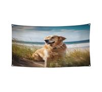 Golden retriever sur la plage - Bannière personnalisable pour événements - Décoration extérieure/intérieure avec œillets métalliques pour festivals et fêtes