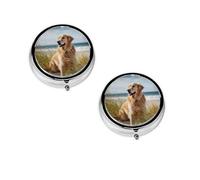 Golden Retriever sur la plage - Boîte à pilules ronde portable - Organiseur de pilules rond élégant pour compartiments de voyage, cadeau pour la gestion des médicaments