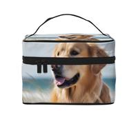 Golden Retriever sur la plage - Trousse de maquillage de voyage spacieuse et portable avec poignée - Grande capacité - Cadeau pour femmes et filles, Noir , Taille unique, Trousse de maquillage