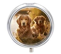 Golden Retrievers Pilulier de voyage pour sac à main, organiseur de médicaments hebdomadaire avec miroir, 3 compartiments, étui à médicaments rond portable pour le quotidien