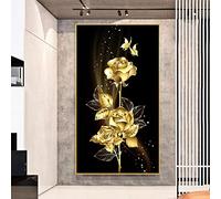 Golden Rose sur fond noir Art mural Peintures sur toile Fleurs esthétiques modernes Affiche de luxe Photos Impressions verticales 50x100cm/20x39inch with-Golden-Frame