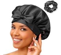 Bonnet en Soie - 100% Soie de mûrier - Bonnet de Sommeil en Soie - pour Femmes - Bonnet de Nuit pour Cheveux bouclés - Turban en Satin de Soie (Noir)