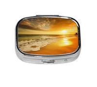 Golden Sunset Beach Pilulier carré imprimé avec 2 compartiments, mini pilulier portable pour médicaments, vitamines, huile de poisson, compléments