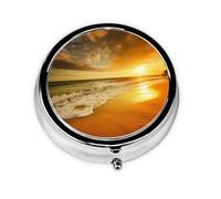 Golden Sunset Beach - Pilulier rond imprimé avec 3 compartiments - Mini pilulier portable pour médicaments, vitamines, huile de poisson, compléments