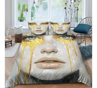 Golden Tears Art Parure de Lit Microfibre résistante 3 Pièces 3D Imprimée Facile d'entretien Abstrait Face Portrait Housse de Couette avec Taie d'oreiller Douce for Femmes Double（200x200cm）