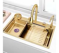Golden Waterfall Kitchen Sink - Grand bol en acier inoxydable avec verre Washer & Complete Accessories - 68 x 45 cm Design élégant pour les maisons modernes