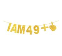 Goldenland Guirlande d'anniversaire 50 ans, guirlande « Happy 50th Birthday I AM 49+1 », décoration 50e anniversaire, bannière dorée pour femmes et hommes, drôle 50e anniversaire bannière décorative