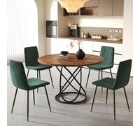 GOLDFAN Ensemble de Salle à Manger avec Table Ronde 120 cm et 4 Chaises en Tissus Confortables, Grande Table 120cm Rond avec Chaise pour 4-6 Personnes (4, Vert foncé)