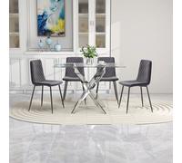 GOLDFAN Ensemble de Salle à Manger Moderne, Table en Verre Trempé avec 4 Chaises, Table 110 cm avec Base Croisée Chromée Argent, 4 Chaises en Velours Gris (Gris foncé)