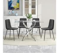 GOLDFAN Ensemble de Salle à Manger Moderne, Table en Verre Trempé avec 4 Chaises, Table 110 cm avec Base Croisée Chromée Argent, 4 Chaises en Velours Gris (Noir)