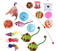 GOLDGE Lot de 16 jouets interactifs pour chat avec herbe à chat, balles, souris, plumes et baguette, cadeau pour chat et chaton