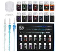 GOLDGE Lot de 19 stylos à immersion en verre, 3 stylos à immersion avec 14 encres colorées, porte-stylos, pour art, calligraphie, signature, cartes de vœux, décoration et cadeau