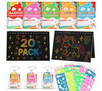 GOLDGE Lot de 20 livres Scratch Art Cadeaux Anniversaire Enfants École Invités Avec Sacs | Jouets pour fille avec crayons et pochoirs Cadeau pour fête d'enfant de 3 à 12 ans