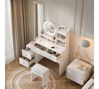 Goldicoo Coiffeuse 4 en 1 avec miroir intégral, éclairage LED en 3 couleurs, miroir cosmétique rotatif, tabouret, blanc, panneau de particules, 109 x 36 x 164 cm