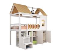 GoldiCoo Demi-lit mezzanine en bois 90 x 200 cm pour enfant avec armoire de rangement sous le lit, lit d'enfant avec escalier et toit
