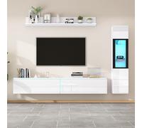 Goldicoo Ensemble de 3 meubles TV muraux avec éclairage LED, blanc brillant, panneau de particules, moderne, salon, autoportant, armoire TV, vitrine