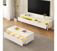 Goldicoo Ensemble de meubles LED avec support TV et table basse blanc avec design doré, MDF, 4 portes, 2 tiroirs, éclairage LED 7 couleurs, structure ondulée, façade en acrylique, moderne