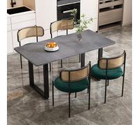 Goldicoo Ensemble de salle à manger et chaise 5 pièces, 4 chaises de salle à manger en velours avec dossier en rotin, 1 table à manger rectangulaire style industriel, gris + vert + noir, panneau de