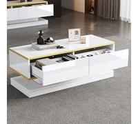 Goldicoo Ensemble meuble TV moderne et table basse, blanc brillant avec bordure dorée, 3 tiroirs, console TV, 2 tiroirs, table basse, panneau de particules, 200 x 40 x 40 cm et 100 x 50 x 38 cm