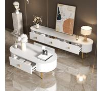 Goldicoo Ensemble table basse et meuble TV en MDF blanc et doré, avec tiroirs, coins arrondis, ensemble de salon, finition brillante