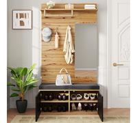 Goldicoo Ensemble vestiaire avec miroir et coussin rembourré, noir, panneau de particules, 100 x 38 x 190 cm, garde-robe de couloir avec armoire à chaussures