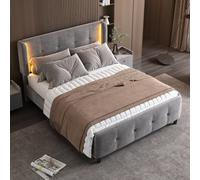 Goldicoo Lit capitonné, avec éclairage LED, 140 x 200 cm, gris velours, tête de lit réglable, 16 couleurs, lit double, avec design matelassé, quille en métal, 210 x 148 x 113,5 cm