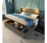 Goldicoo Lit capitonné avec espace de rangement, 140 x 200 cm, cuir PU/lin, gris/beige, lumière de lecture LED, fonction de charge USB, coffre de lit, sommier à lattes, 206 x 145 x 107 cm