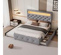 Goldicoo Lit capitonné avec housse de lit, lit double, 140 x 200 cm, gris, lin et MDF, 2 tiroirs, barre lumineuse LED, table de chevet, 205 x 141 x 115 cm