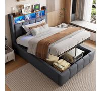 Goldicoo Lit capitonné avec LED et USB, 90 x 200 cm, gris lin, espace de rangement hydraulique, tête de lit avec étagères, 215 x 90 x 111 cm