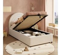 Goldicoo Lit capitonné avec sommier à lattes, 90 x 200 cm, lit simple, en tissu boucle, beige, avec tête de lit rembourrée, rembourrage amortissant le bruit, pour adultes et adolescents