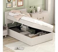 Goldicoo Lit capitonné en lin et MDF avec sommier à lattes, lit simple avec espace de rangement, cadre en métal, beige, 90 x 200 cm