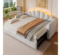 Goldicoo Lit de jour capitonné, avec fonction extensible et éclairage LED, 90 x 200 cm, gris, contreplaqué MDF, velours - Charge maximale : 150 kg
