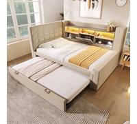 Goldicoo Lit de jour rembourré, 90 x 200 cm, avec lit gigogne 90 x 190 cm, éclairage LED, tête de lit en forme de L avec espace de rangement, montage des deux côtés, sommier à lattes, en lin beige
