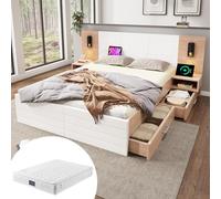 Goldicoo Lit double 140 x 200 cm avec matelas, bois massif et MDF, blanc et chêne clair, avec 2 tiroirs, fonction de charge USB, lampe de lecture, 2 tables de chevet, sommier à lattes, 215 x 80 x 207