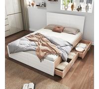 Goldicoo Lit double 180 x 200 cm avec 2 tiroirs, bois massif et MDF, blanc et chêne clair, sommier à lattes, 207 x 80 x 185 cm