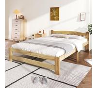 Goldicoo Lit futon en bois massif, lit double en pin naturel, 140 x 200 cm, avec tête de lit et sommier à lattes, 205 x 146 x 55 cm