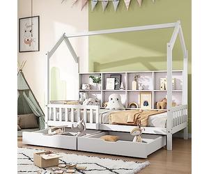 Goldicoo Lit pour enfant avec bibliothèque, tiroirs et espace de rangement, 90 x 200 cm, blanc, pin massif, style scandinave