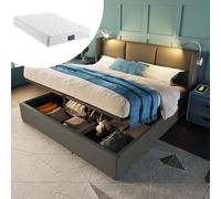 Goldicoo Lit rembourré, 140 x 200 cm, en cuir PU/lin, gris/beige, lumière de lecture LED, fonction de charge USB, lit de rangement, avec sommier à lattes et matelas, 206 x 145 x 107 cm