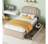 Goldicoo Lit rembourré avec tiroirs, 90 x 200 cm, beige foncé, tissu en lin et MDF, rivets décoratifs, hauteur de chevet réglable, 12 sommiers à lattes