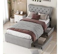 Goldicoo Lit rembourré avec tiroirs, 90 x 200 cm, gris, tissu en lin et MDF, hauteur de chevet réglable, rivets décoratifs, design élégant