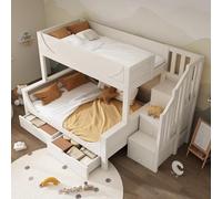 Goldicoo Lit superposé avec armoire à échelle et tiroirs, design en forme de traîneau, blanc, bois et métal, 90 x 200 cm en haut, 140 x 200 cm en bas, avec protection anti-chute et sommier à lattes