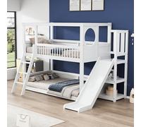 Goldicoo Lit superposé pour enfant avec toboggan et étagères, blanc, en pin, 90 x 200 cm, lit double sans matelas, 247 x 150 x 170 cm