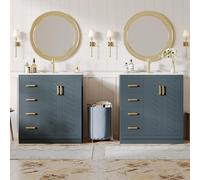 Goldicoo Lot de 2 armoires de salle de bain - 76,5 x 46,5 x 84,5 cm - Avec 3 tiroirs et étagère latérale - En céramique - Bleu