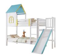 Goldicoo Lot de 2 lits superposés, pour enfants, 90 x 200 cm, en bois, avec toboggan, lit de jeu, avec toit, pour filles et garçons, lit mezzanine avec échelle