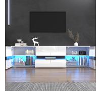 Goldicoo Meuble TV blanc brillant, 160 x 39 x 45 cm, avec éclairage LED, pour téléviseur de 70 ", 2 portes, 1 tiroir, ouverture à pression, insert en verre acrylique, panneau de particules
