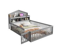 Goldicoo Montessori Lit de sol 140 x 200 cm - Lit pour enfant en bois avec protection anti-chute, sommier à lattes et étagère, lit à barreaux avec porte