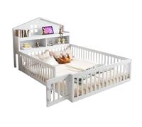 Goldicoo Montessori Lit de sol 140 x 200 cm - Lit pour enfant en bois avec protection anti-chute, sommier à lattes et étagère, lit à barreaux avec porte