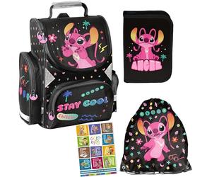 Goldkids - Cartable pour garçons et filles - Sac à dos d'école pour enfants avec trousse - Sac à chaussures, sac de sport, journal intime et cahier de devoirs - Motif Lilo et Stitch - 1-3 classes, Lot