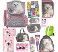 Goldkids - Lot de 14 cartables pour garçons et filles - Sac à dos d'école pour enfants avec trousse - Sac à chaussures - Sac de sport - 2 porte-crayons - Motif chat - 1 à 3 classes, Lot de 14, 1-3